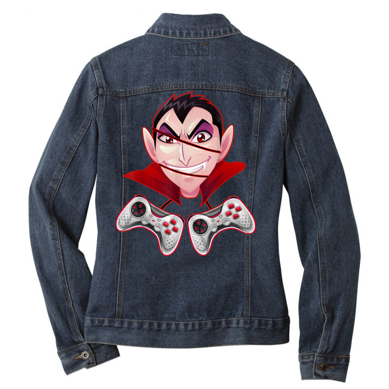 Funny Vampire With Gaming Controllers Halloween Costume Day Ladies Denim Jacket by Orchid | Artistshot