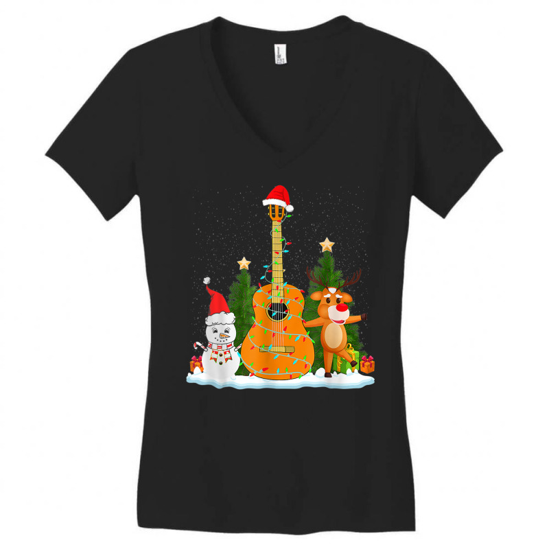 Guitar Christmas Lights Reindeer Snowman Family Matching Women's V-Neck T-Shirt by August | Artistshot