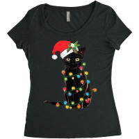 Santa Black Cat Tangled Up In Christmas Tree Lights Holiday Women's Triblend Scoop T-shirt | Artistshot