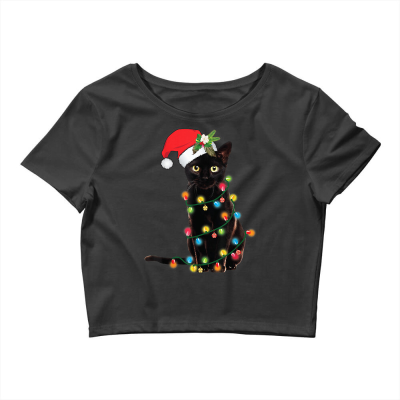 Santa Black Cat Tangled Up In Christmas Tree Lights Holiday Crop Top by rayhenault | Artistshot