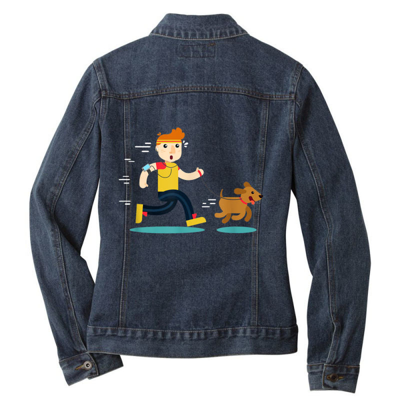 Cartoon Running With Dog T Shirt Ladies Denim Jacket by cm-arts | Artistshot