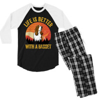 Life Is Better With A Basset Retro Wavy Lines Raglan Baseball Tee Men's 3/4 Sleeve Pajama Set | Artistshot