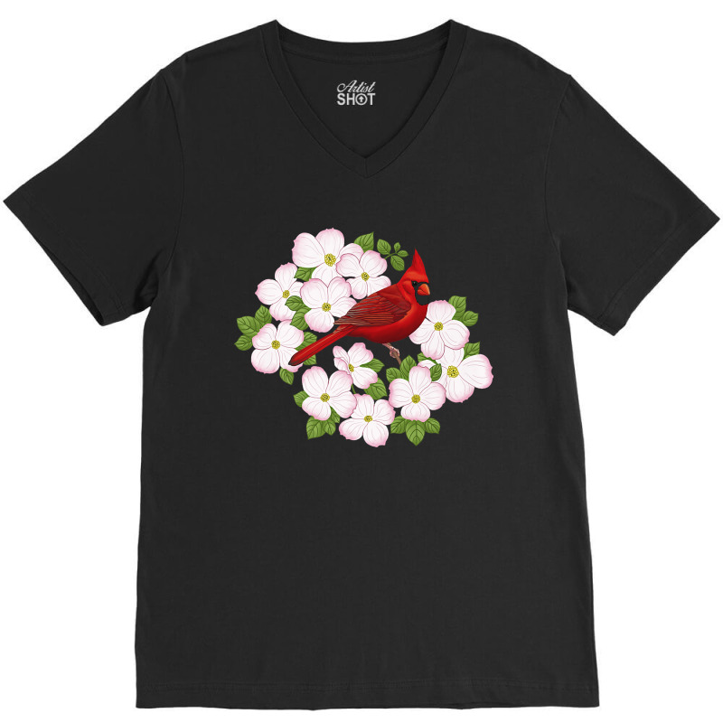 Red Cardinal Bird & Pink Dogwood Flower V-neck Tee | Artistshot