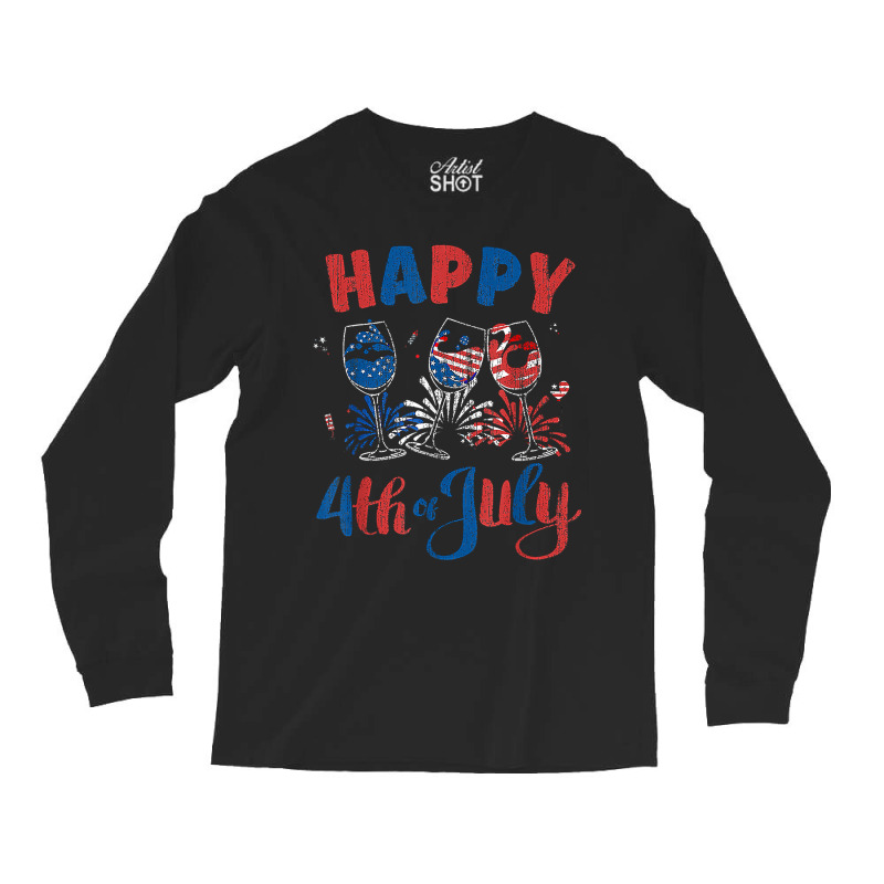 Red White Blue Wine Glass Usa Flag Happy 4th Of July Long Sleeve Shirts | Artistshot