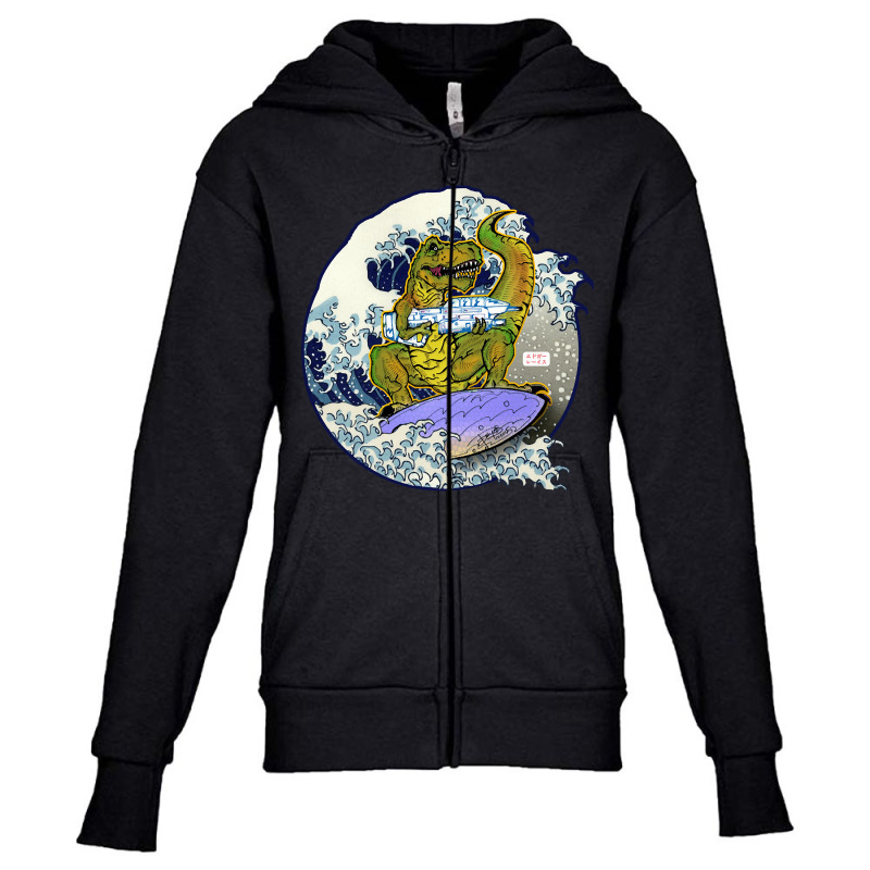 Surfing T-rex With A Gun, Surfing T-rex, Gigantic Surfing T-rex, Surfi Youth Zipper Hoodie by SHTULIPS | Artistshot