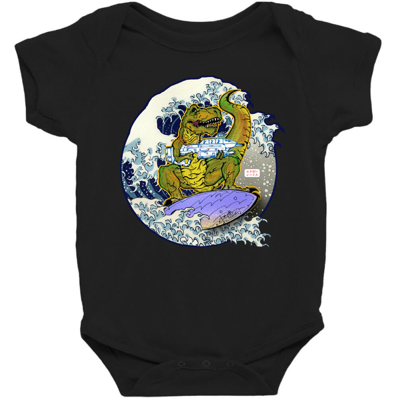 Surfing T-rex With A Gun, Surfing T-rex, Gigantic Surfing T-rex, Surfi Baby Bodysuit by SHTULIPS | Artistshot