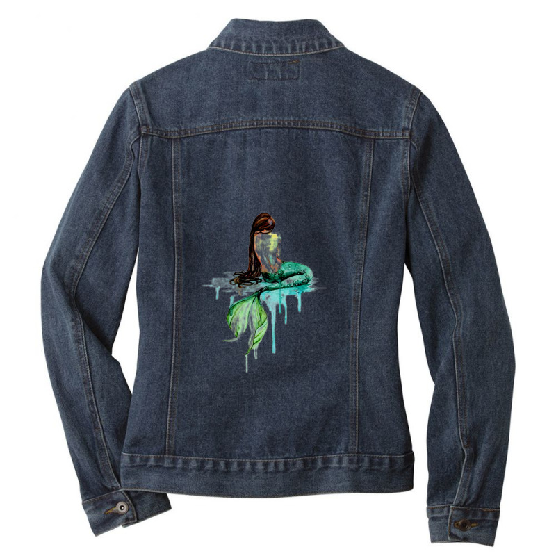 Green Tailed Mermaid  Mermaid Watercolor Painting Art Ladies Denim Jacket | Artistshot