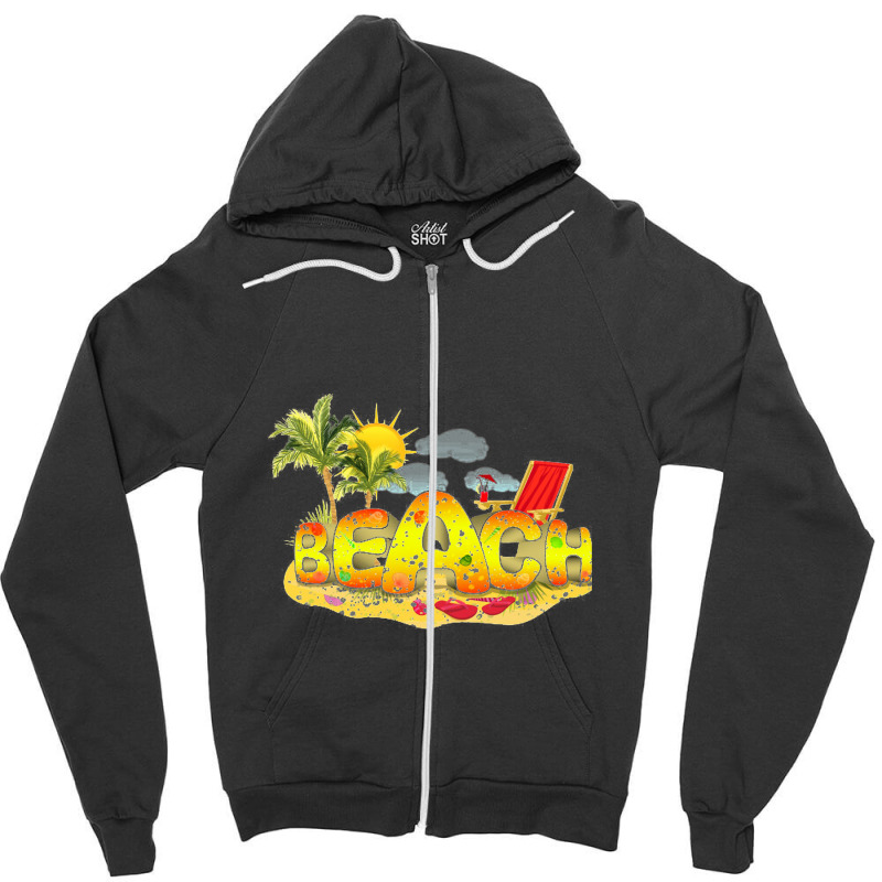 Multicolored Beach Word On Beach With Flip Flops  Coconut Palm Trees A Zipper Hoodie | Artistshot