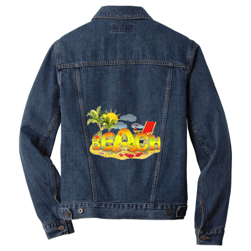 Multicolored Beach Word On Beach With Flip Flops  Coconut Palm Trees A Men Denim Jacket | Artistshot