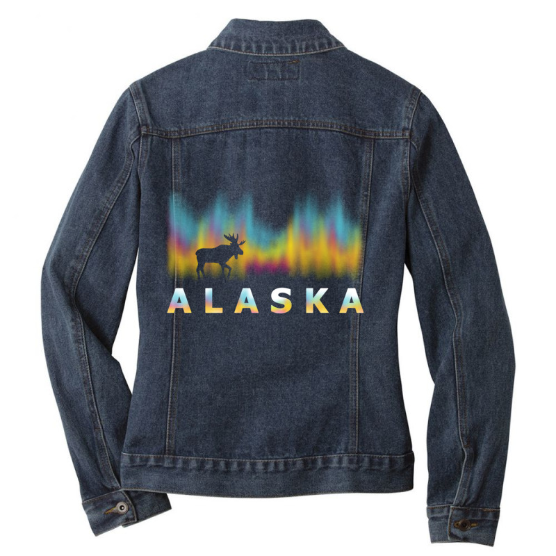 Alaska Reindeer Design With Polar Lights And Moose Pullover Hoodie Ladies Denim Jacket by cm-arts | Artistshot