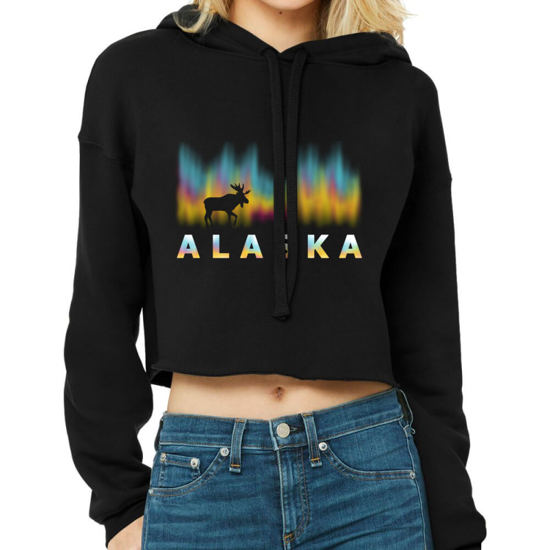 Alaska Reindeer Design With Polar Lights And Moose Pullover Hoodie Cropped Hoodie by cm-arts | Artistshot