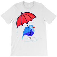 Cool Blue Bird With Red Umbrella Under Rain Animal Standing Raglan Bas T-shirt | Artistshot