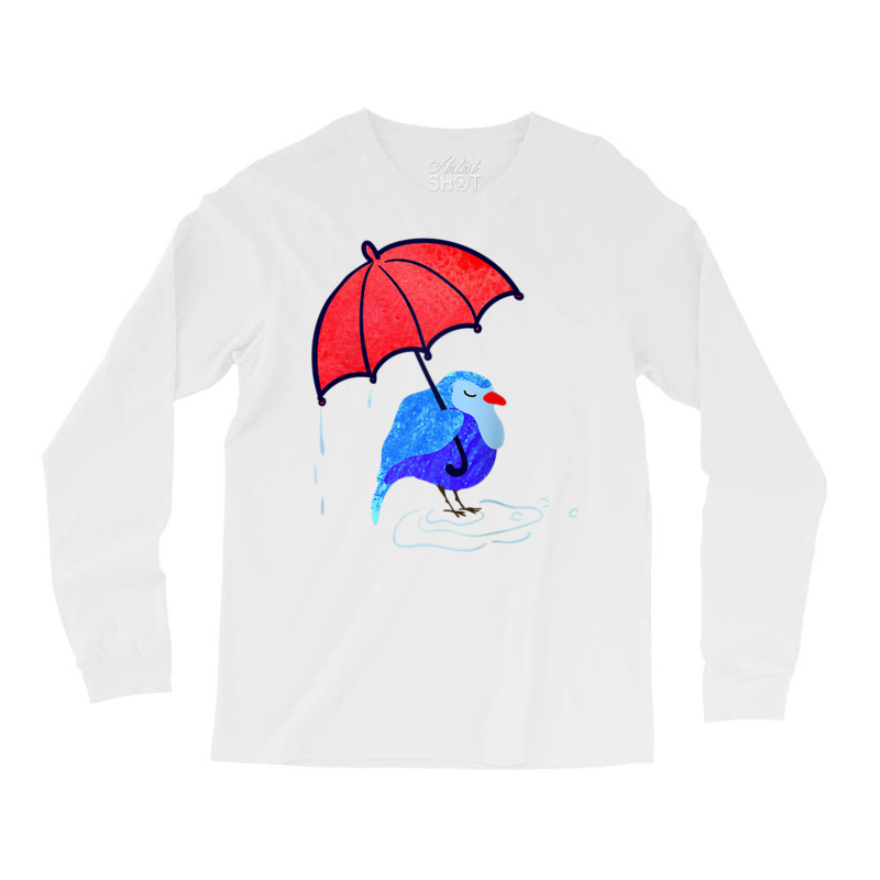 Cool Blue Bird With Red Umbrella Under Rain Animal Standing Raglan Bas Long Sleeve Shirts | Artistshot