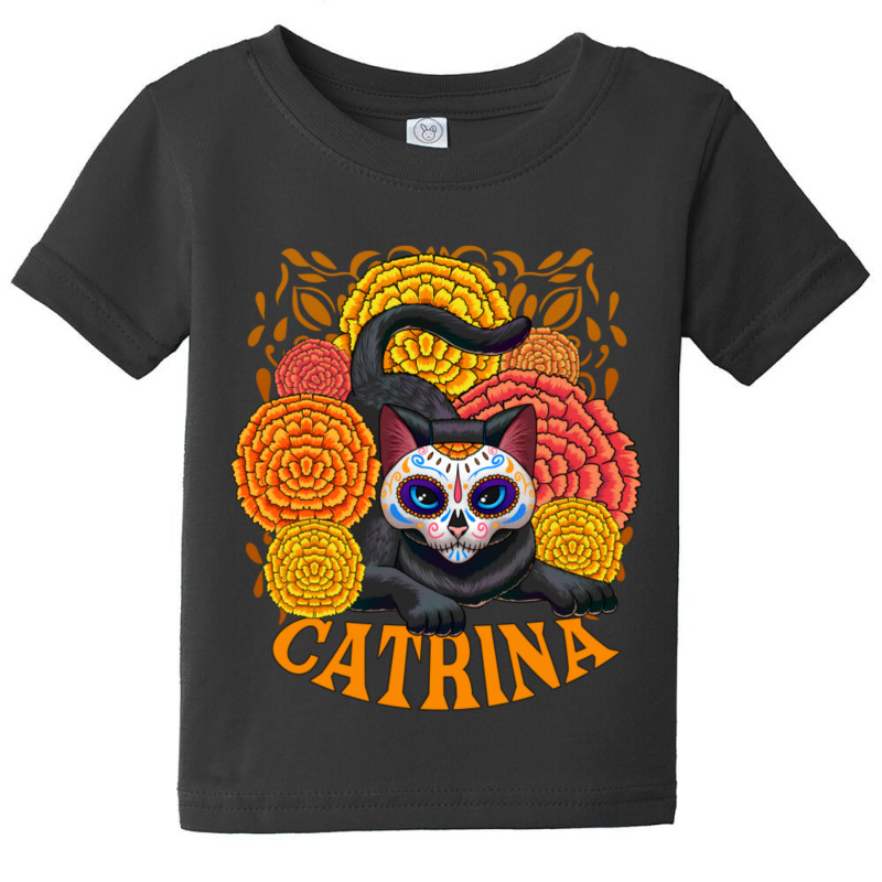 Black Cat With Catrina Mask And Flowers Baby Tee by atereabag | Artistshot