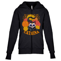 Black Cat With Catrina Mask And Flowers Youth Zipper Hoodie | Artistshot