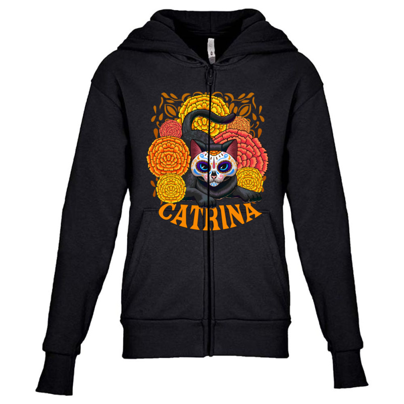 Black Cat With Catrina Mask And Flowers Youth Zipper Hoodie by atereabag | Artistshot