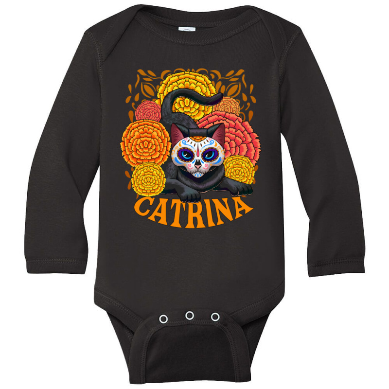 Black Cat With Catrina Mask And Flowers Long Sleeve Baby Bodysuit by atereabag | Artistshot