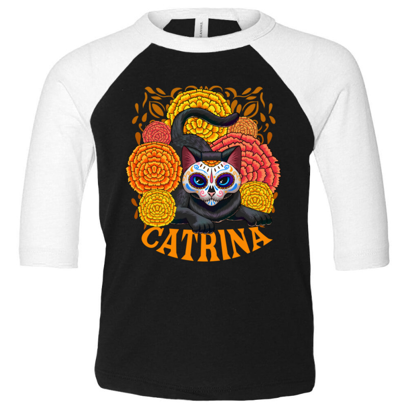 Black Cat With Catrina Mask And Flowers Toddler 3/4 Sleeve Tee by atereabag | Artistshot