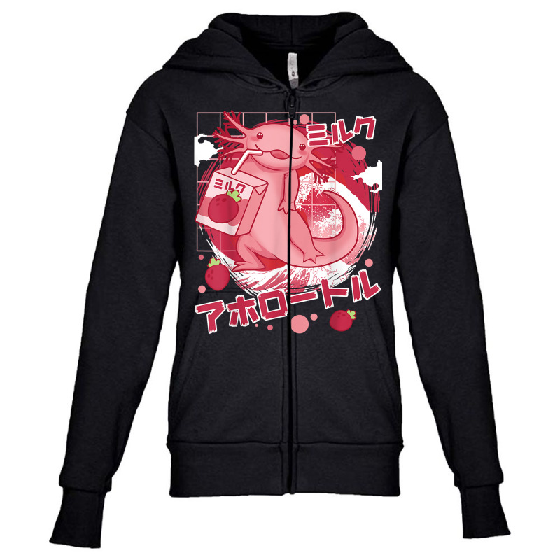 Kawaii Axolotl Drinking Strawberry Milkshake Japanese Otaku T Shirt Youth Zipper Hoodie by cm-arts | Artistshot