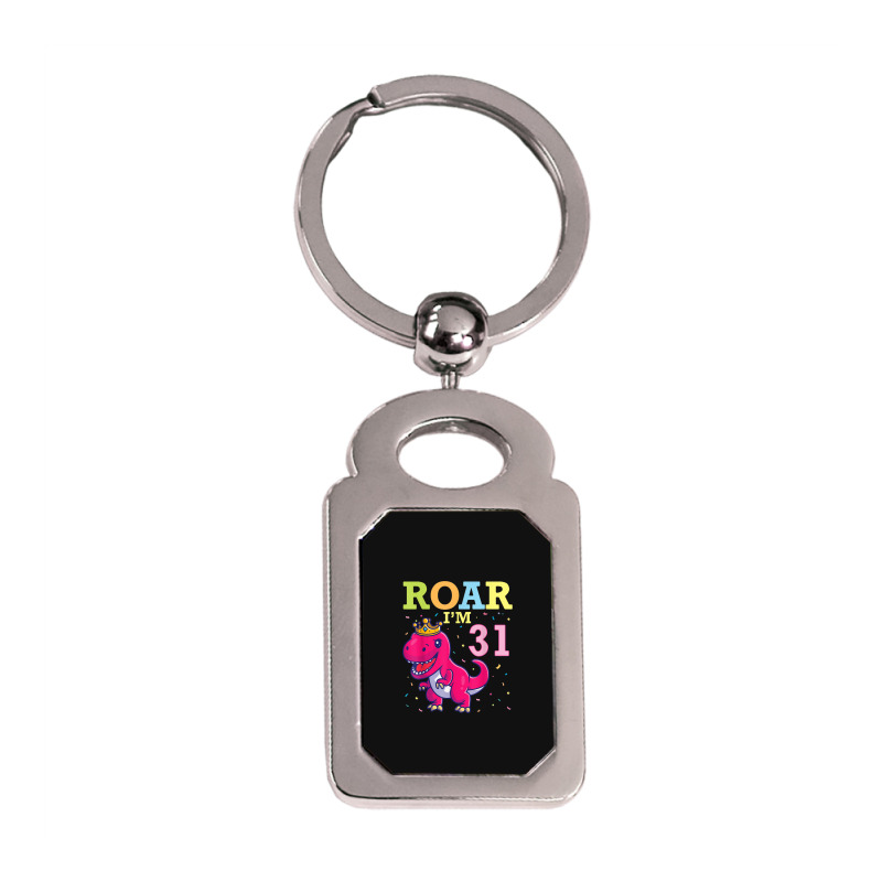 King Dinosaur Dance Happy My Birthday Roar I'm 31 Years Old Silver Rectangle Keychain | Artistshot