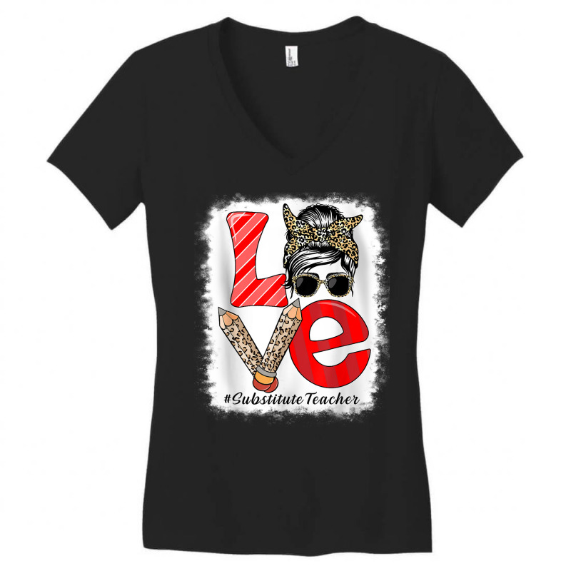 Substitute Teacher Love Messy Bun Leopard Back To School Women's V-Neck T-Shirt by Fashlaza | Artistshot