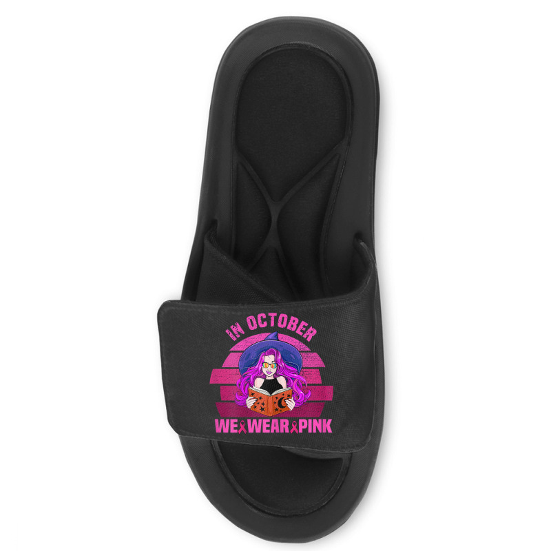 Womens In October We Wear Pink Ribbon Witch Magical Book Halloween Slide Sandal | Artistshot