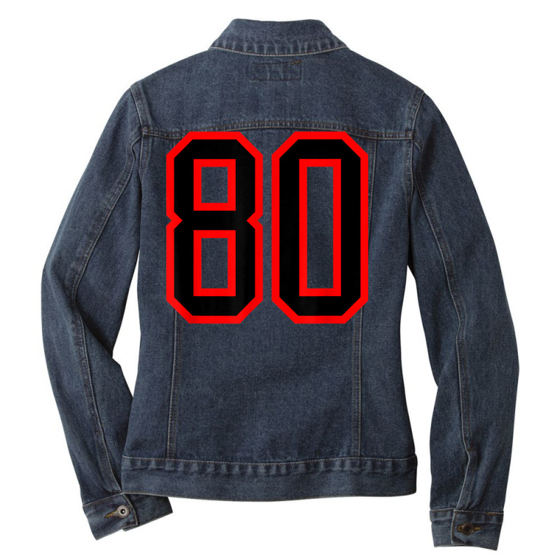 Jersey Number #80 Red Black Sports Birthday Lucky Number 80 Ladies Denim Jacket by Color | Artistshot