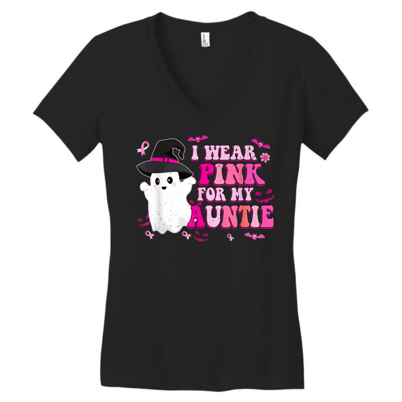 Retro I Wear Pink For My Auntie Halloween Cute Pink Ghost Women's V-Neck T-Shirt by Orchid | Artistshot