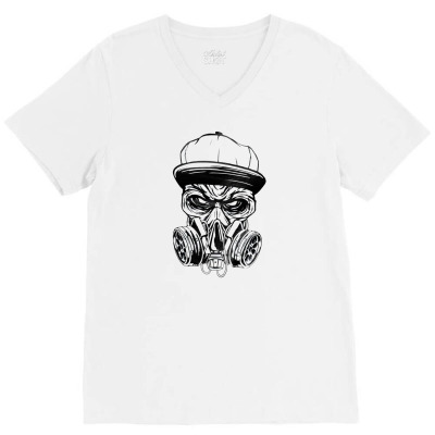 Gas Mask Zombie For Halloween, Spooky, V-neck Tee Designed By Khanzastore