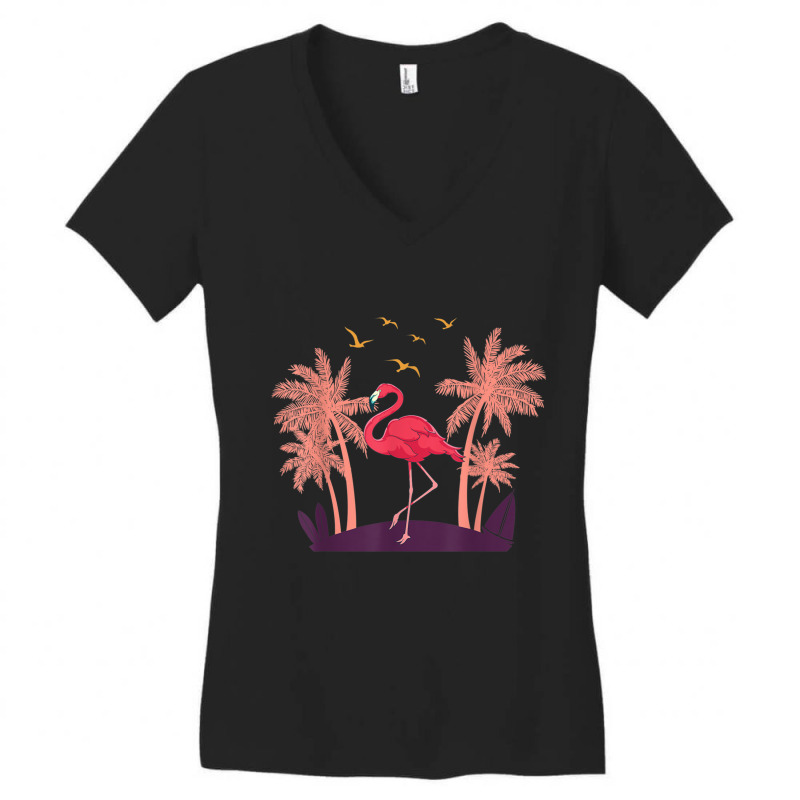 Coconut Palm Trees Exotic Bird Tropical Summer Flamingo T Shirt Women's V-Neck T-Shirt by cm-arts | Artistshot