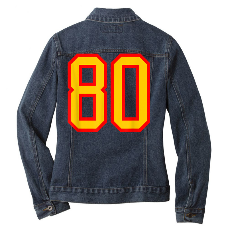 Number #80 Red Yellow Sports Jersey Birthday Lucky Number 80 Ladies Denim Jacket by Outpost | Artistshot