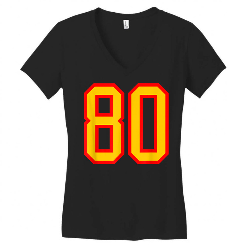 Number #80 Red Yellow Sports Jersey Birthday Lucky Number 80 Women's V-Neck T-Shirt by Outpost | Artistshot