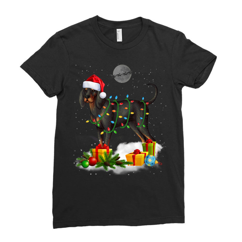 Funny Black And Tan Coonhound Dog Christmas Lights Santa Ladies Fitted T-Shirt by Clinical | Artistshot