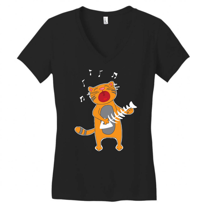 Cat Playing Fish Bone, Cat Playing Fish Bone Art, Cat Playing Fish Bon Women's V-Neck T-Shirt by cm-arts | Artistshot