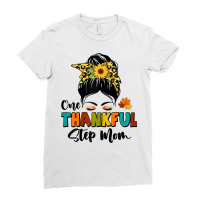 Womens One Thankful Step Mom Leopard Messy Bun Fall Thanksgiving T Shi Ladies Fitted T-shirt | Artistshot