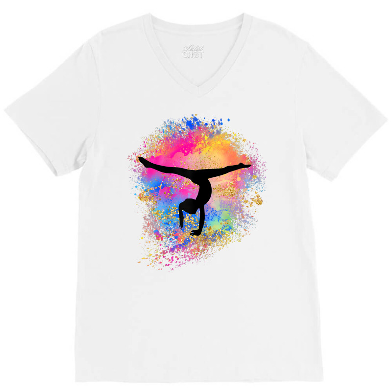 Girls Rainbow Gymnastics Female Gymnast Silhouette Handstand T Shirt V-Neck Tee by cm-arts | Artistshot