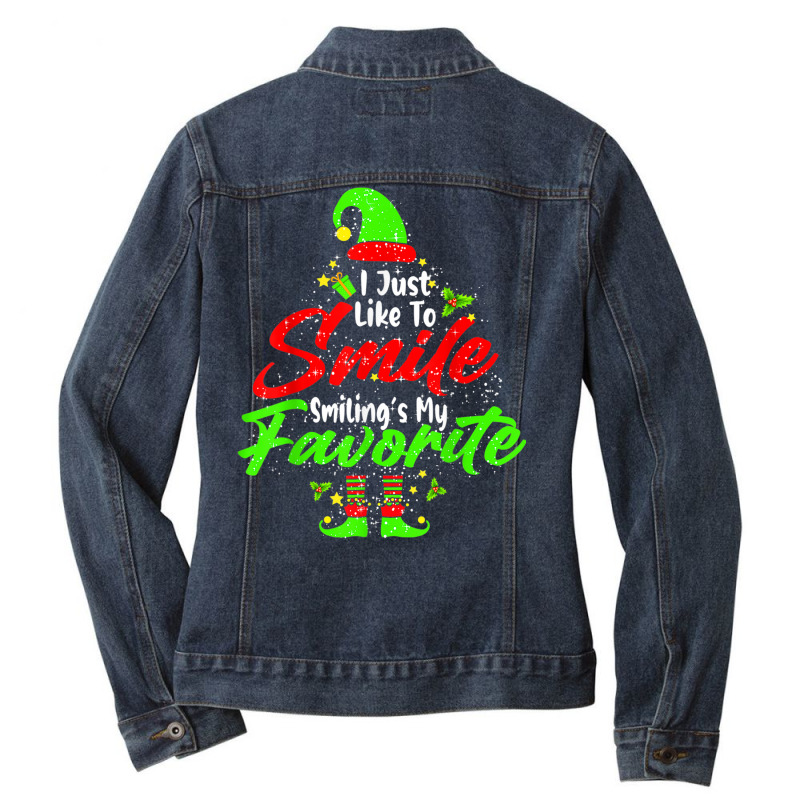 Smiling Is My Favorite Cute Christmas Elf Matching Family Ladies Denim Jacket by Queens | Artistshot