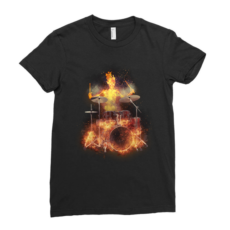 Flaming Skeleton Drummer Set 1, Flaming Skeleton Drummer Set 1 Art, Fl Ladies Fitted T-shirt | Artistshot