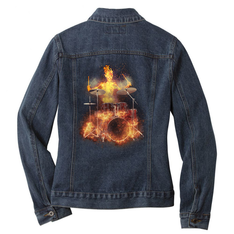 Flaming Skeleton Drummer Set 1, Flaming Skeleton Drummer Set 1 Art, Fl Ladies Denim Jacket | Artistshot