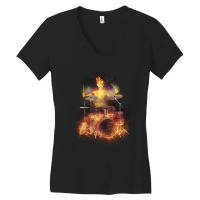 Flaming Skeleton Drummer Set 1, Flaming Skeleton Drummer Set 1 Art, Fl Women's V-neck T-shirt | Artistshot