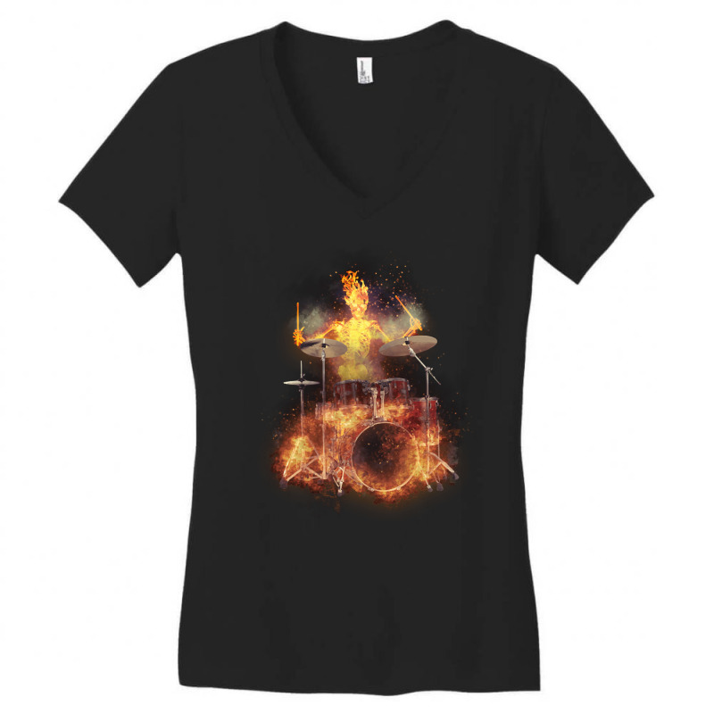 Flaming Skeleton Drummer Set 1, Flaming Skeleton Drummer Set 1 Art, Fl Women's V-neck T-shirt | Artistshot