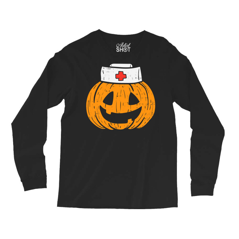 Womens Pumpkin Nurse Funny Scary Halloween Costume Rn Cna Icu Girls Long Sleeve Shirts | Artistshot