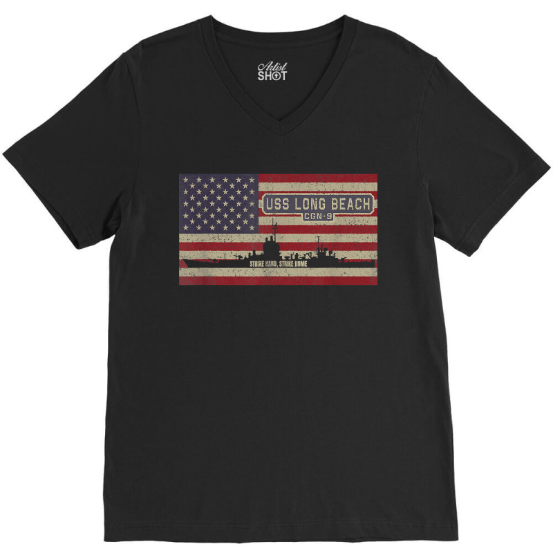 Uss Long Beach Cgn-9 Guided Missile Cruiser American Flag V-neck Tee | Artistshot