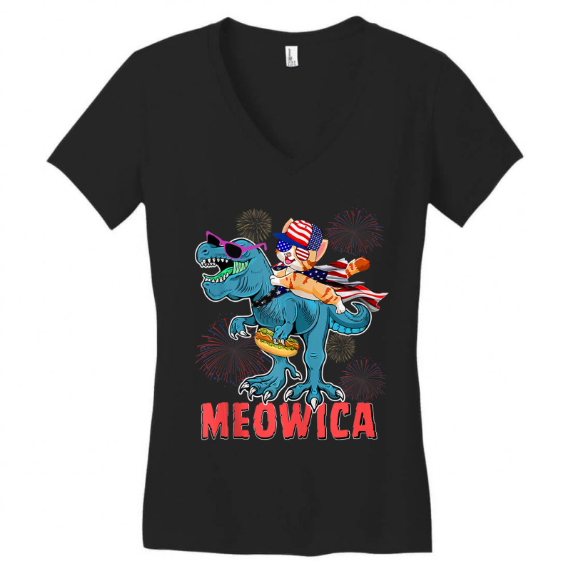 4h Of July Meowica Ca Riding Rex Dinosaur Usa Flag Boys Women's V-Neck T-Shirt by cm-arts | Artistshot