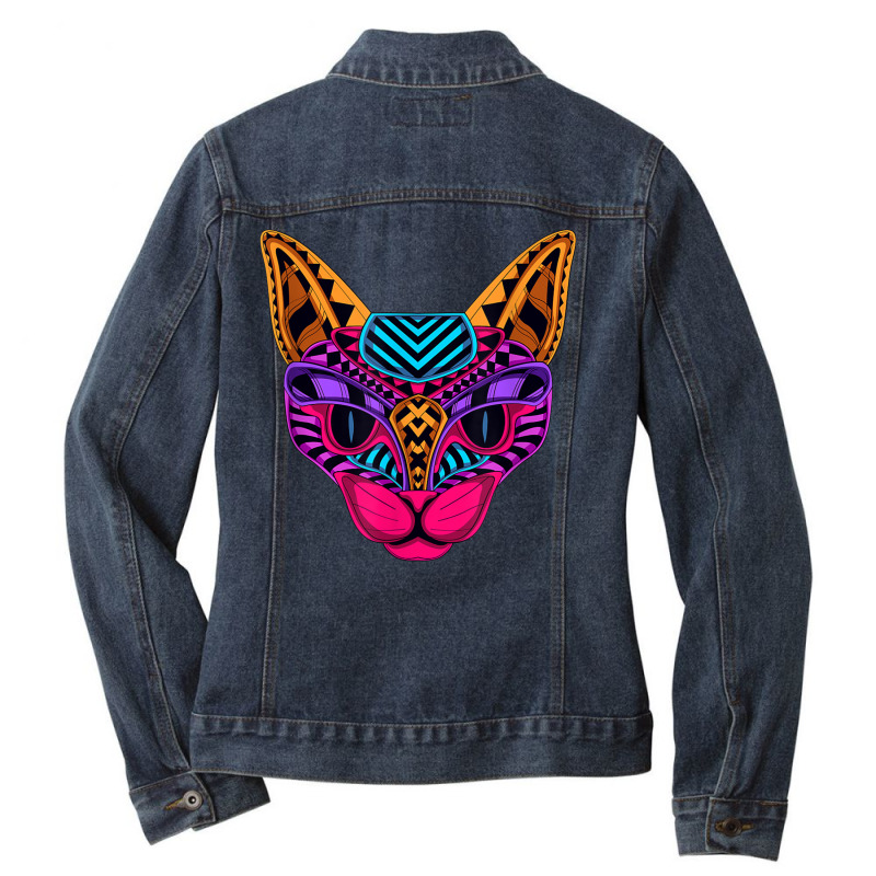 Black Cat Colorful Radiant Cat Head T Shirt Ladies Denim Jacket by cm-arts | Artistshot