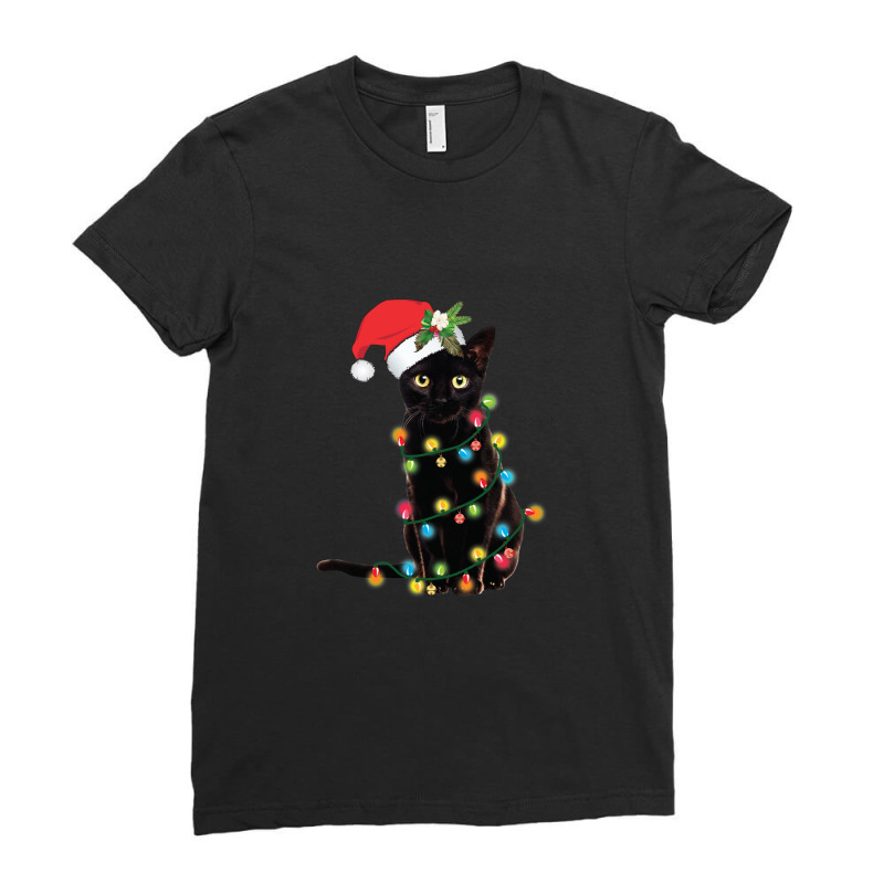 Black Santa Cat Tangled Up In Lights Christmas Santa Illustration Ladies Fitted T-Shirt by cm-arts | Artistshot