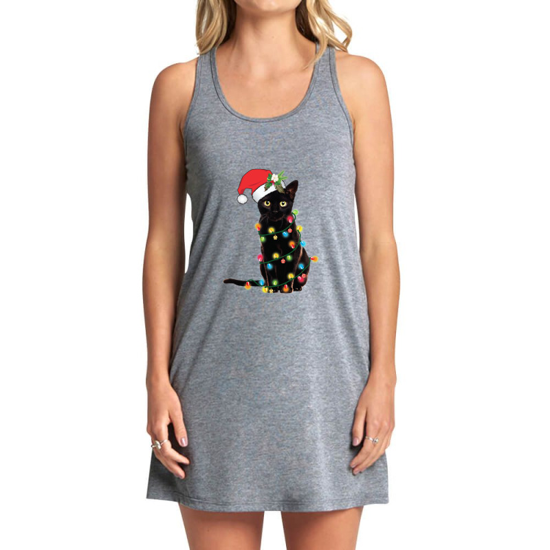 Black Santa Cat Tangled Up In Lights Christmas Santa Illustration Tank Dress by cm-arts | Artistshot