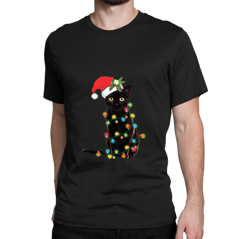 Black Santa Cat Tangled Up In Lights Christmas Santa Illustration Classic T-shirt by cm-arts | Artistshot