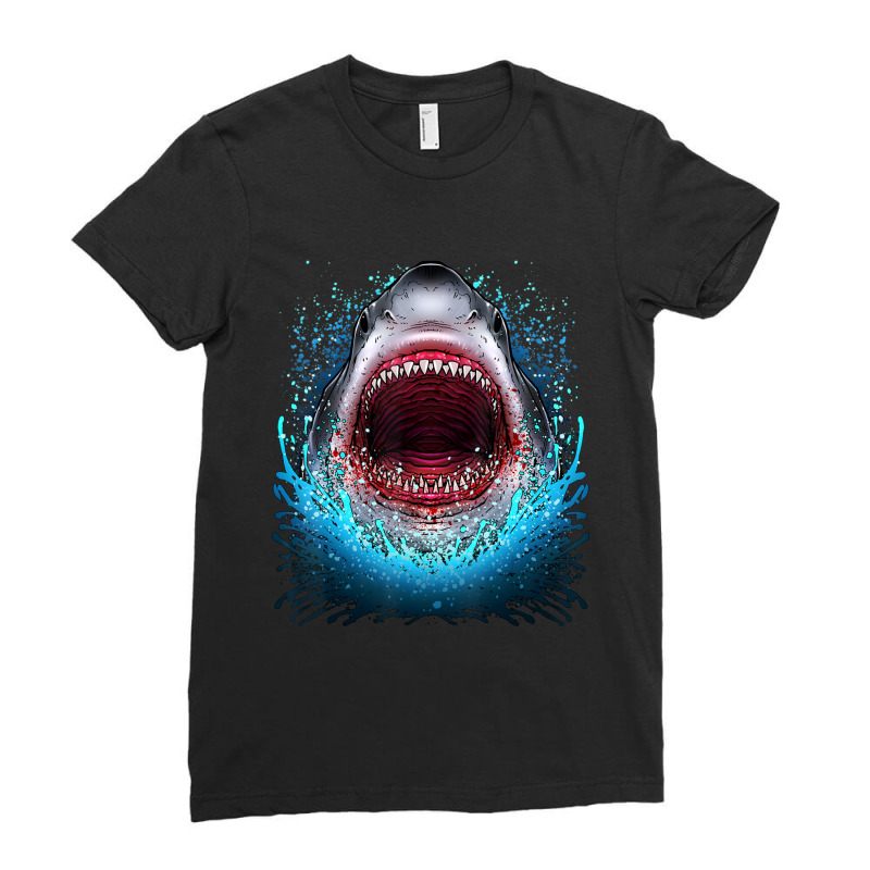 Great White Shark Open Mouth Teeth Beach Ocean Animal Ladies Fitted T-Shirt by Kanmopsuk45 | Artistshot