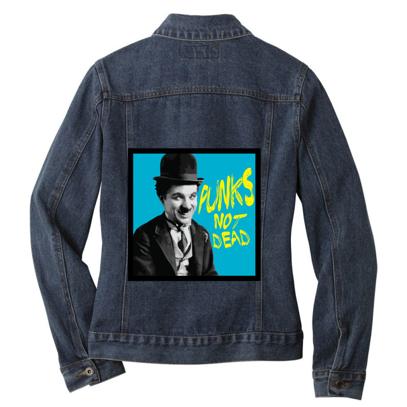 Punks Not Dead Charlie Chaplin Typographic Illustration 1 Ladies Denim Jacket by cm-arts | Artistshot